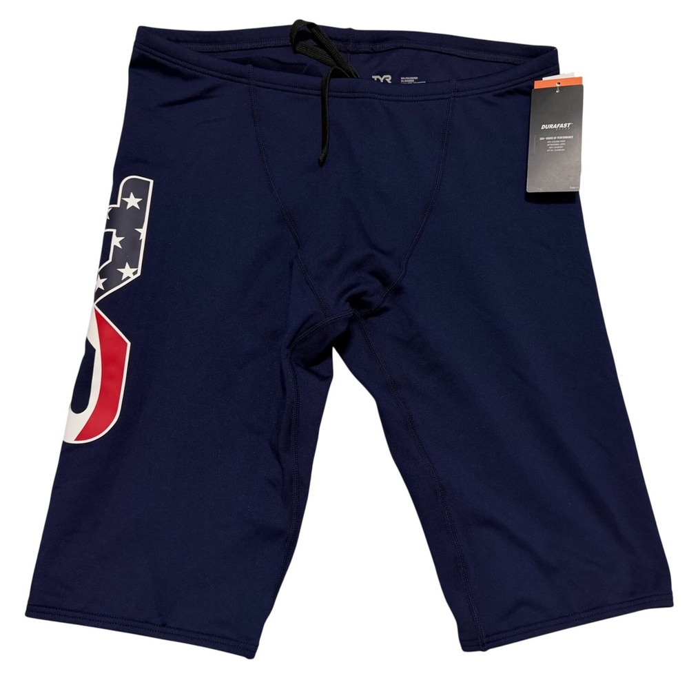 TYR Large Logo Jammer USA Men 34 Navy Blue Swim Trunks Durafast Elite Training
